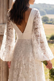 Abito da sposa lungo a scollo a V in avorio A-Line con maniche lunghe