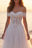 Corsetto lungo in tulle in avorio a fila a scolpa