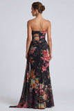 Abito elegante lungo a fiori a spalline nero senza spalline