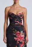 Abito elegante lungo a fiori a spalline nero senza spalline