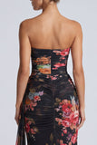 Abito elegante lungo a fiori a spalline nero senza spalline