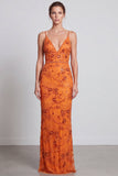 Arancione sirena paillettes floreali spalline a lunga abito formale