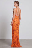 Arancione sirena paillettes floreali spalline a lunga abito formale