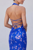 Abito elegante a forma lunga a scollo a cappa con scollo reale blu sirena