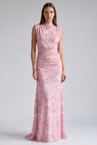 Abito Lungo Formale Floreale con Paillettes Rosa Sirena