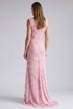 Abito Lungo Formale Floreale con Paillettes Rosa Sirena