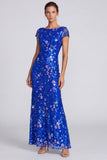 Abito elegante lungo a scollo battile sirena blu con paillettes reali