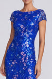 Abito elegante lungo a scollo battile sirena blu con paillettes reali
