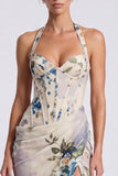 Corsetto floreale sirena con collo a neve in avorio abito lungo da cerimonia con fessura