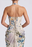Corsetto floreale sirena con collo a neve in avorio abito lungo da cerimonia con fessura