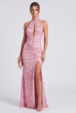 Abito elegante a scollo rosa scollo a stallo lungo vestito elegante con fessura