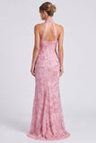 Abito elegante a scollo rosa scollo a stallo lungo vestito elegante con fessura