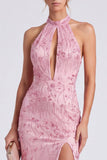 Abito elegante a scollo rosa scollo a stallo lungo vestito elegante con fessura