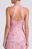 Abito elegante a scollo rosa scollo a stallo lungo vestito elegante con fessura