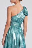 Vestito formale lungo con fiocco a linea a una spalla metallico dorato con fessura