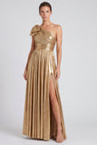 Vestito formale lungo con fiocco a linea a una spalla metallico dorato con fessura