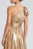 Vestito formale lungo con fiocco a linea a una spalla metallico dorato con fessura