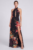 Abito elegante lungo a scollo nero in chiffon floreale sirena con fessura