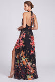 Abito elegante lungo a scollo nero in chiffon floreale sirena con fessura