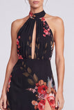 Abito elegante lungo a scollo nero in chiffon floreale sirena con fessura