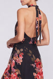 Abito elegante lungo a scollo nero in chiffon floreale sirena con fessura