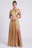 Abito elegante lungo a pieghe a linea a A con scollo dorato metallico e fessura