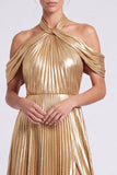 Abito elegante lungo a pieghe a linea a A con scollo dorato metallico e fessura