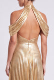 Abito elegante lungo a pieghe a linea a A con scollo dorato metallico e fessura