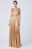 Abito elegante lungo scollo a V in oro metallico A-Line con fessura