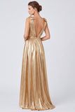 Abito elegante lungo scollo a V in oro metallico A-Line con fessura
