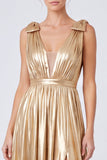 Abito elegante lungo scollo a V in oro metallico A-Line con fessura