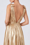 Abito elegante lungo scollo a V in oro metallico A-Line con fessura