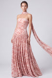 Abito elegante lungo a piedi floreali senza spalline in velluto rosa A-Line