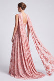 Abito elegante lungo a piedi floreali senza spalline in velluto rosa A-Line