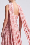 Abito elegante lungo a piedi floreali senza spalline in velluto rosa A-Line