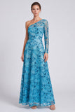 Abito lungo elegante con paillettes floreali blu a linea a A con una spalla e maniche lunghe