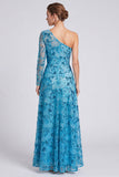 Abito lungo elegante con paillettes floreali blu a linea a A con una spalla e maniche lunghe
