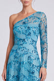 Abito lungo elegante con paillettes floreali blu a linea a A con una spalla e maniche lunghe
