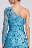 Abito lungo elegante con paillettes floreali blu a linea a A con una spalla e maniche lunghe