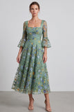Abito elegante Midi a linea floreale Dusty Sage con maniche svasate
