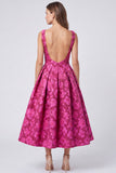 Abito midi floreale senza schiena Jacquard con scollo battile fucsia a linea A