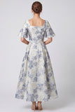 Abito Maxi Floreale A Blu Jacquard Polveroso con scollo quadrato e maniche corte