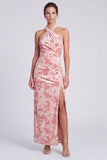 Vestito mali floreale Maxi a scollo a scollo in velluto sirena rosa con fessura