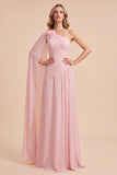 Abito Maxi in chiffon a linea arricciata con una spalla e mantello rosa chiaro