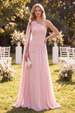 Abito Maxi in chiffon a linea arricciata con una spalla e mantello rosa chiaro