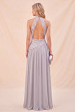 Abito Maxi con scollo a capezza grigio chiaro a paillettes a linea A con fessura