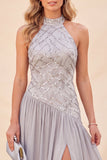 Abito Maxi con scollo a capezza grigio chiaro a paillettes a linea A con fessura