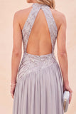 Abito Maxi con scollo a capezza grigio chiaro a paillettes a linea A con fessura