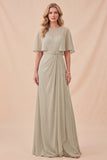Abito Maxi a collo tondo in chiffon Taupe con cintura