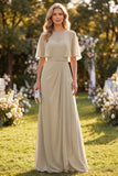 Abito Maxi a collo tondo in chiffon Taupe con cintura